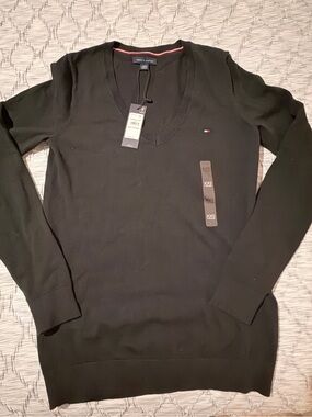 Tommy Hilfiger Black V-Neck Sweater with Signature Flag